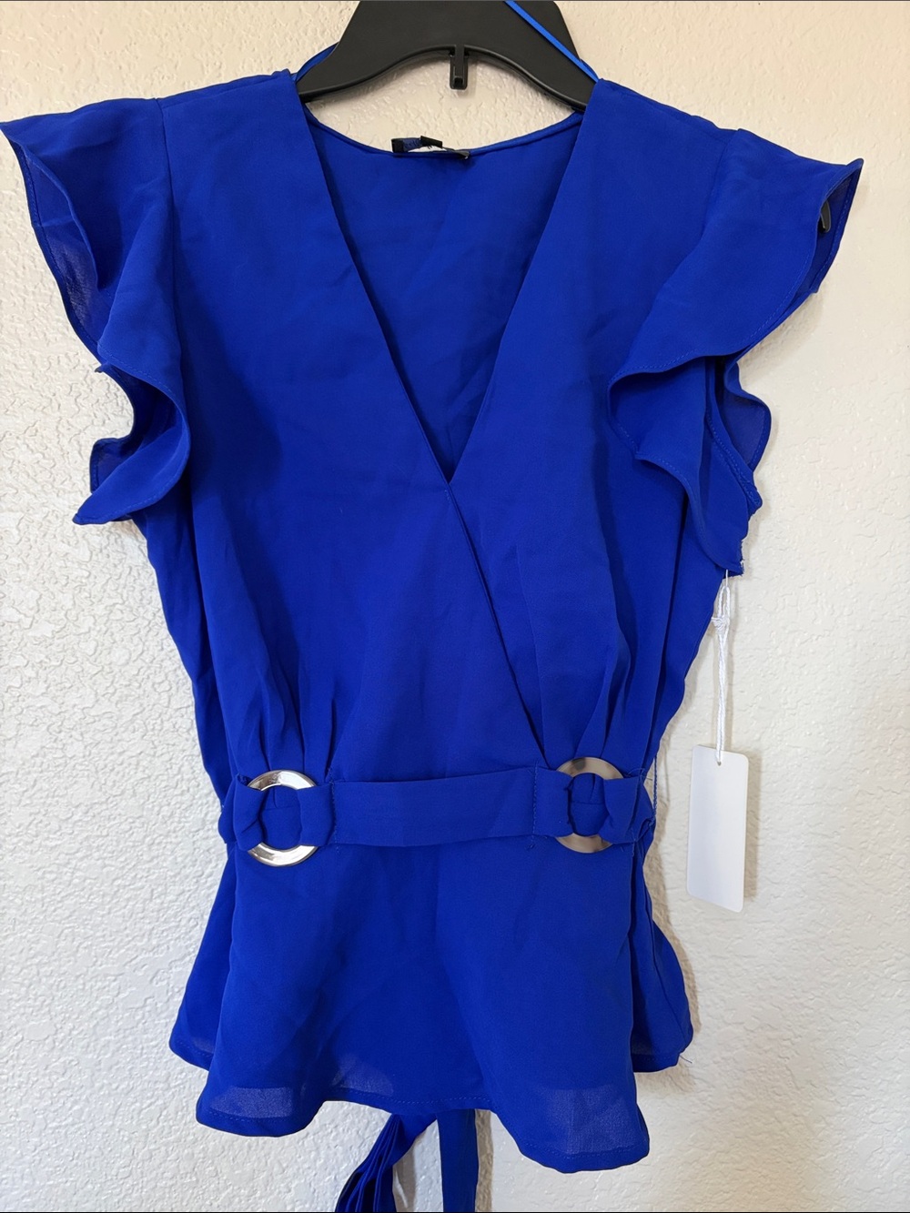 Flutter Sleeve Wrap Top in Royal Blue with Ring-Detail Waist
